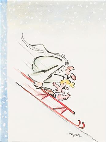 (NEW YORKER) LEE LORENZ (1932 - 2022) Father Time and Baby New Year on sled.